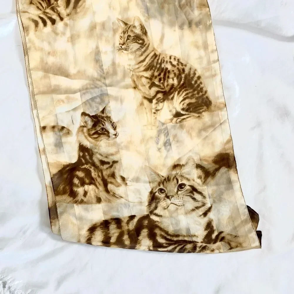 Vintage Brown Tan Cream Kitty Cat Print Silky Wrap Scarf 13.5x60